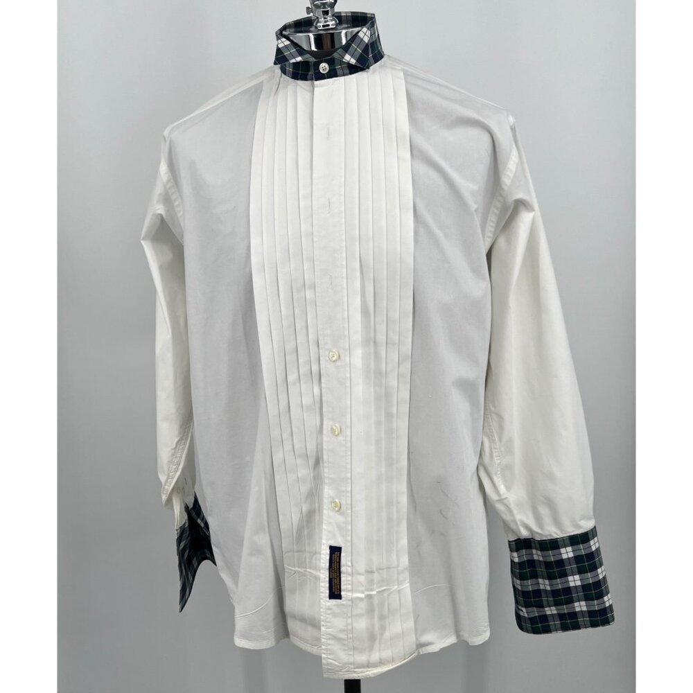 Y2K Tommy Hilfiger Pleated Tuxedo‎ Shirt Plaid Cuffs & Collar Size 15.5 34